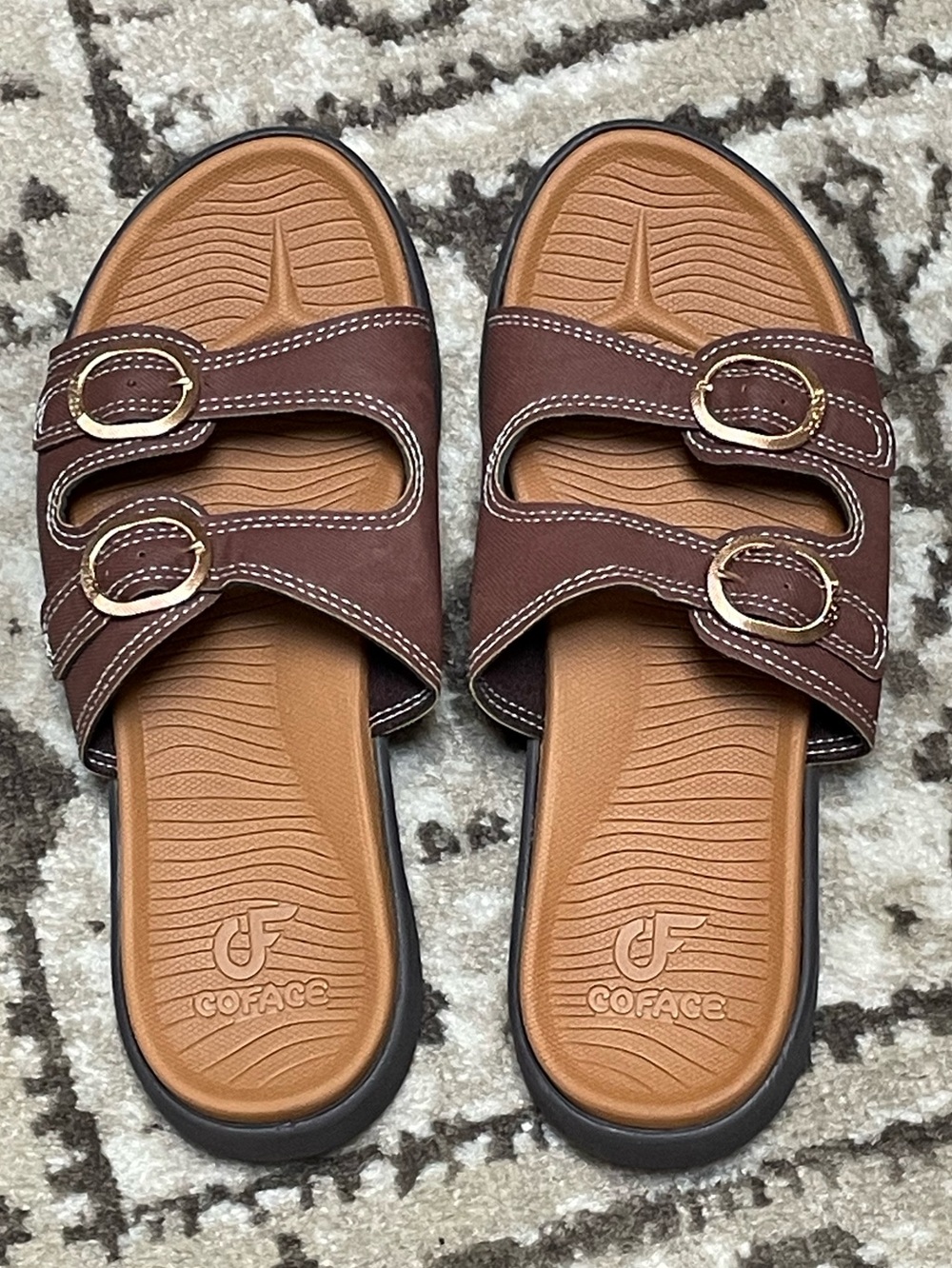 Coface Women's Brown Double-Buckle Slide Sandals, NWT, Size 9.